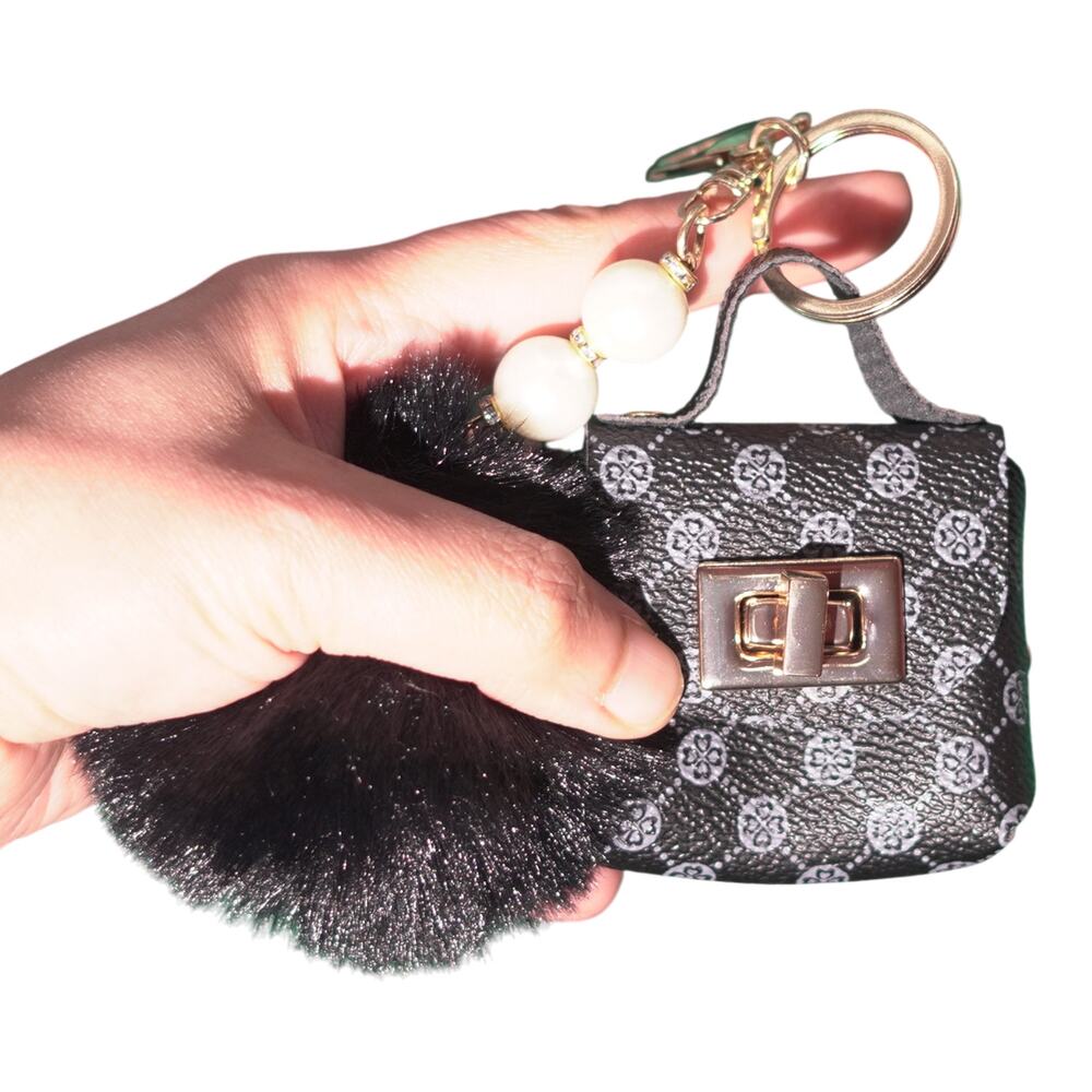 Mini Bag Keychain Charm Coin Purse Black Gray Monogram Gold Hardware Pearls NWT